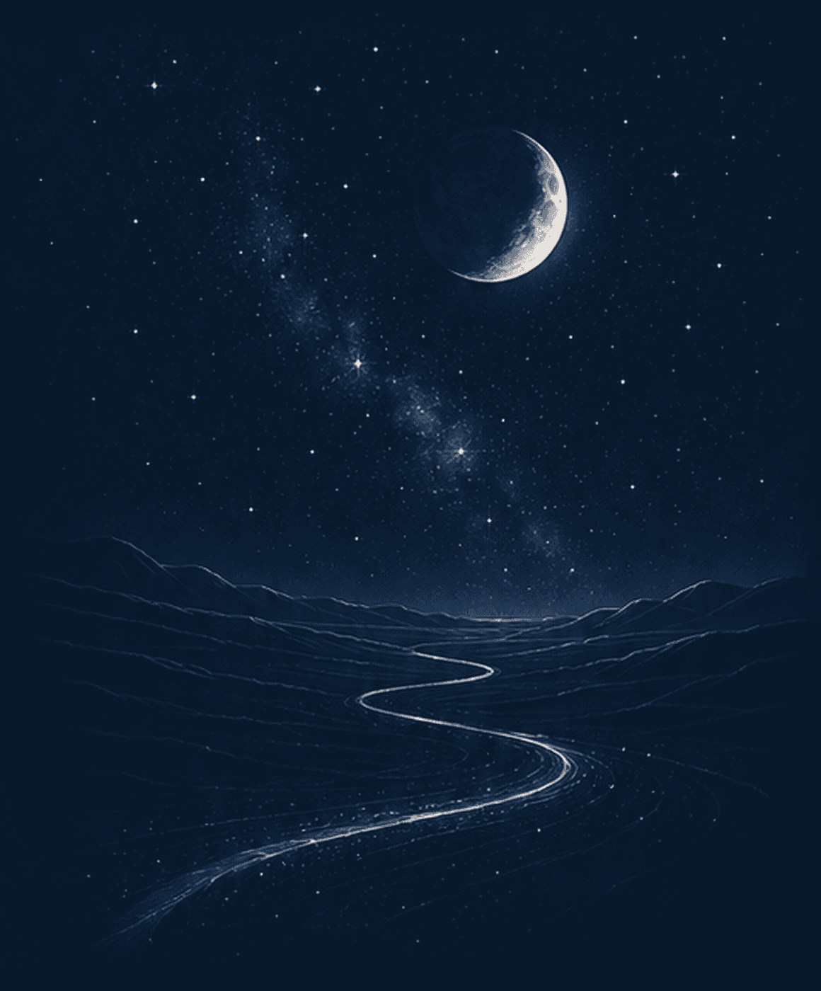 A crescent moon over a starlit sky, with a winding lit path leading through dark hills.